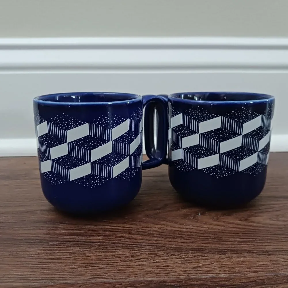 Set of‎ 2 Teavana Starbucks Tea Mug Cups 2016 Blue & White Block Design 8 Oz